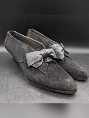 Vintage Epic Petra Italy Suede Cuban Heels Leather Bow US 8.5